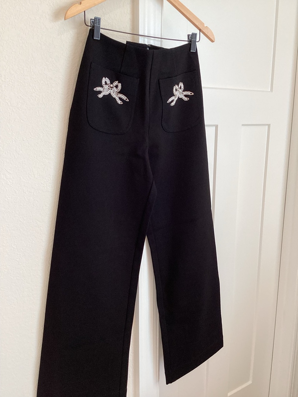 Anthropologie Colette Pants Maeve Full Length Wide Leg Embroidered Bow New Black - Picture 5 of 14